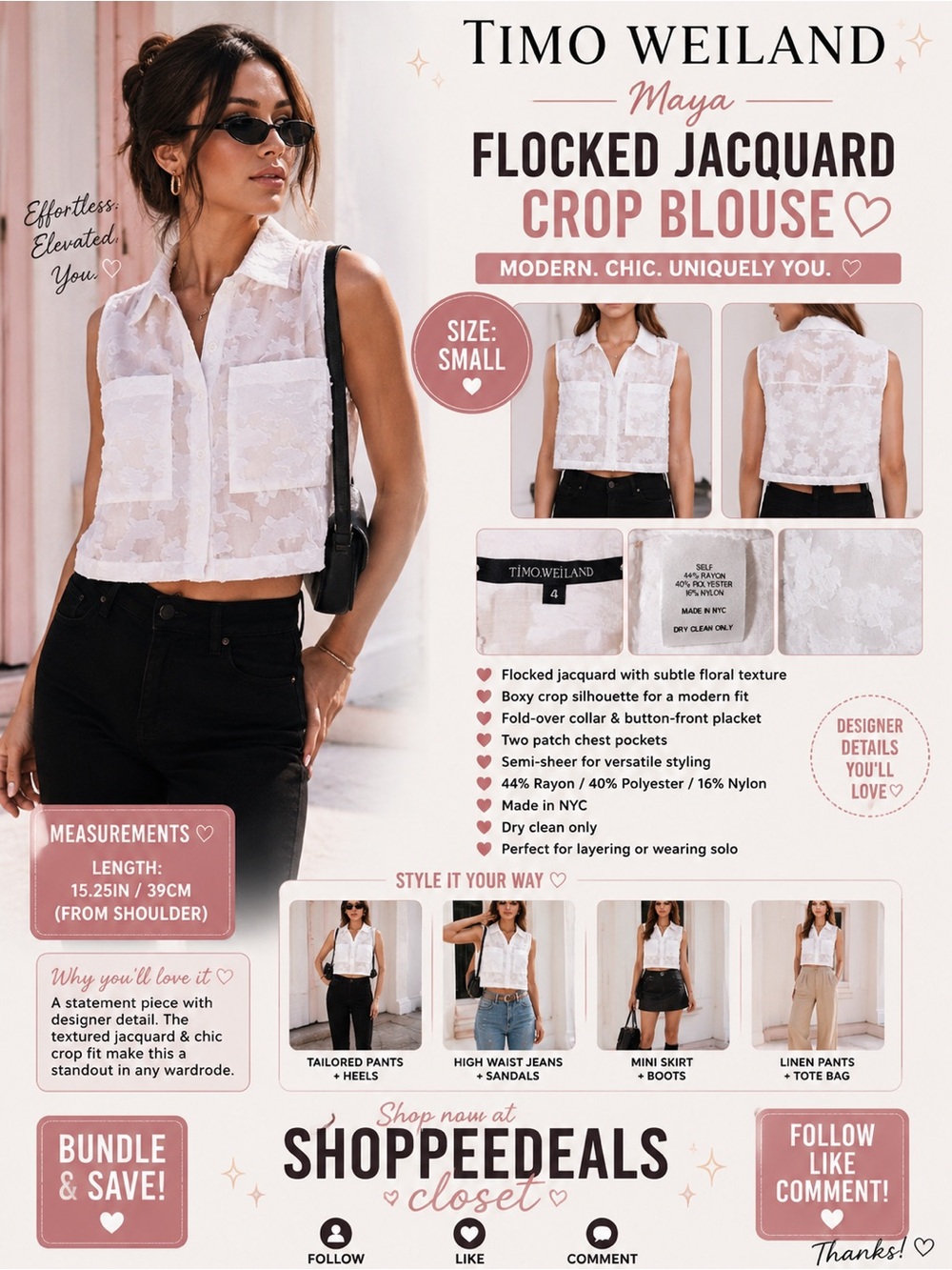 Timo Weiland Maya Flocked Jacquard Crop Blouse – Women’s Size 4 – White